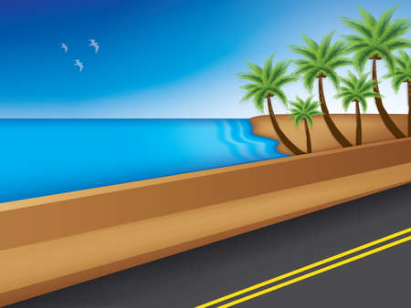 Road near the sea with palm trees, vector illustrationのイラスト素材