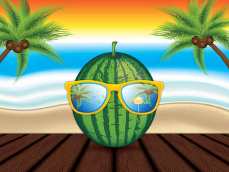 Watermelon with sunglasses concept summer tropical background, vector illustrationのイラスト素材