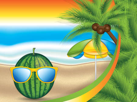 Watermelon with sunglasses concept summer tropical background, vector illustrationのイラスト素材