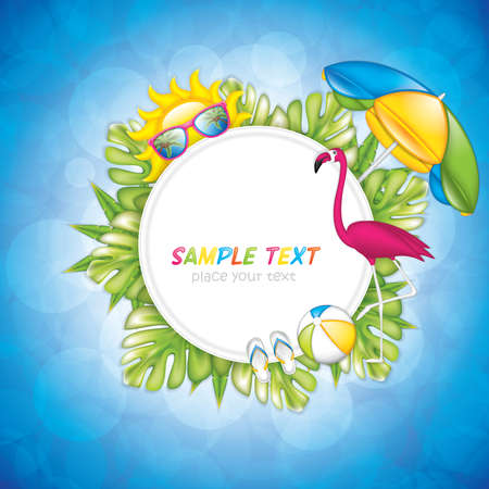 Summer background with sunglasses, flamingo, sun, tropical plants and beach umbrella, realistic vector illustrationのイラスト素材