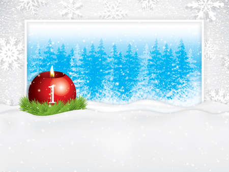 First sunday in advent concept background.Beautiful holiday design with red candle on snowy background, vector illustrationのイラスト素材