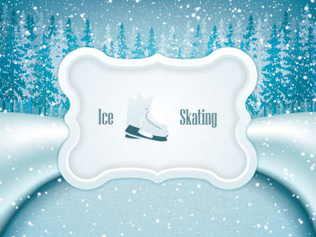 Vector illustration of outdoor skating rink.Winter landscape with frozen lake in forestのイラスト素材