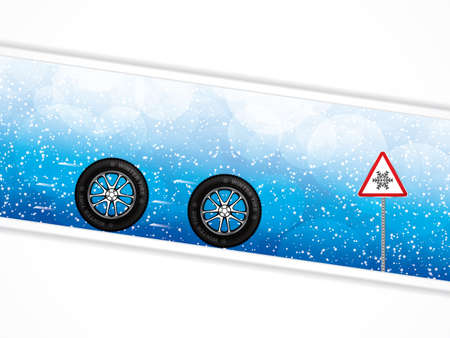Vector illustration winter car tires and triangle road sign with snowflakeのイラスト素材