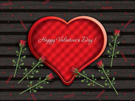 Valentine`s day greeting card with red roses on black wooden background, vector illustrationのイラスト素材