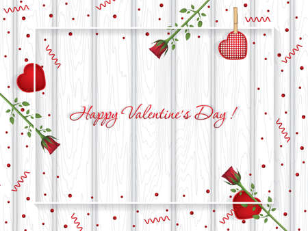 Valentine`s day greeting card with red roses on white wooden background, vector illustrationのイラスト素材