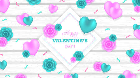Valentines Day Greeting design with decorative pink and turquoise flowers, confetti and heart shaped balloons on white wooden tableのイラスト素材