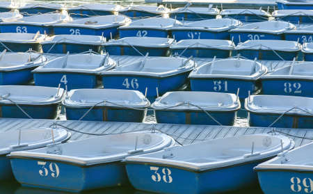 Numbered boats in city park in Madridの写真素材
