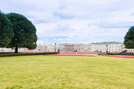Green meadow in St. Petersburg. City park on the Neva riverのeditorial素材