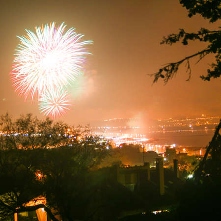 Fireworks in Cagliari on the beach for Feast of the Assumption, 15th of august.の写真素材