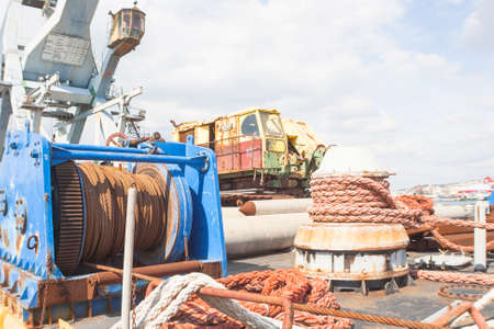 Ropes in an old crane. Orange lines .の写真素材