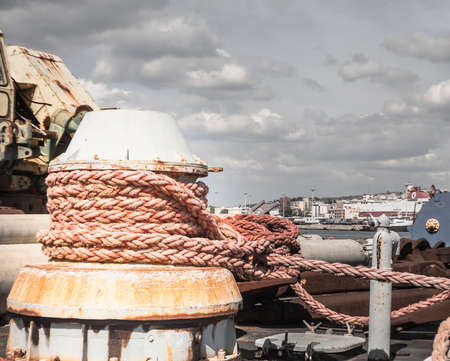 Ropes in an old crane. Orange lines .の写真素材