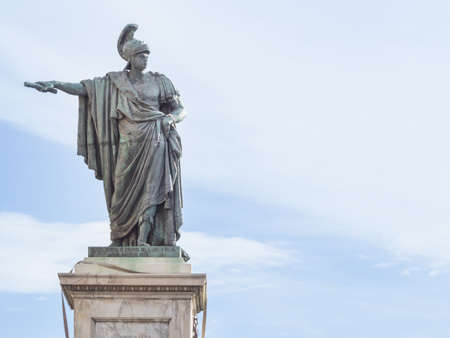 bronze statue indicate. In front of a bronze staure of Carlo Felice in Cagliari - Sardinia Italyの写真素材