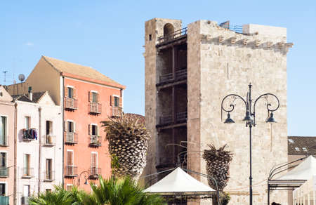 tower medieval elephant. Particular of historical district of Cagliari "Castello"のeditorial素材