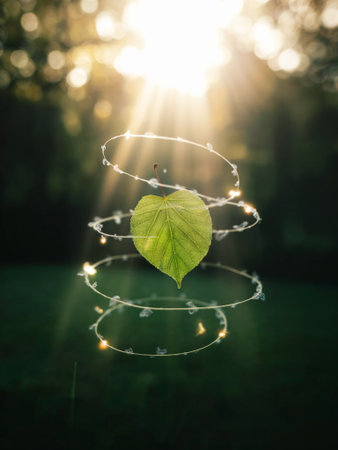 A captivating image of a green leaf suspended in mid-air, surrounded by soft sunlight rays and delicate sparkles, symbolizing nature's beauty and tranquility.の素材