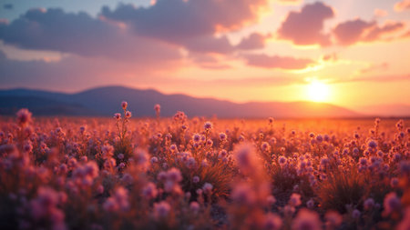 A stunning sunset illuminates a field of blooming flowers, creating a vibrant landscape. Soft colors blend beautifully as the sun sets, offering a serene atmosphere.の素材