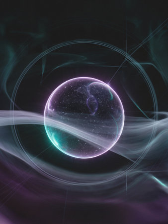 A captivating illustration of an ethereal glowing sphere surrounded by colorful wisps of light, creating a dreamy cosmic atmosphere ideal for various artistic projects.の素材