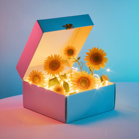 A vibrant gift box filled with cheerful sunflowers and twinkling lights, creating a warm and inviting atmosphere for any celebration or occasion.の素材