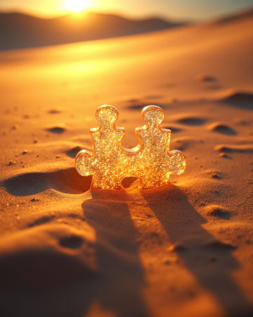 A glowing puzzle piece rests on soft desert sand, illuminated by a stunning sunset. This image symbolizes connection and creativity in a serene natural setting.の素材