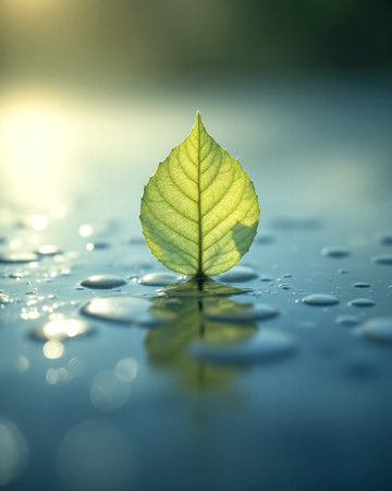 A delicate green leaf rests on a tranquil water surface, adorned with glistening dew drops. The scene captures the essence of nature's beauty and serenity.の素材