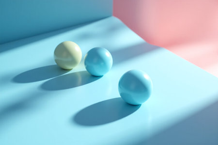 Three colorful pastel balls in green and blue placed on a blue surface, casting soft shadows. This minimalist composition creates a playful and artistic atmosphere.の素材