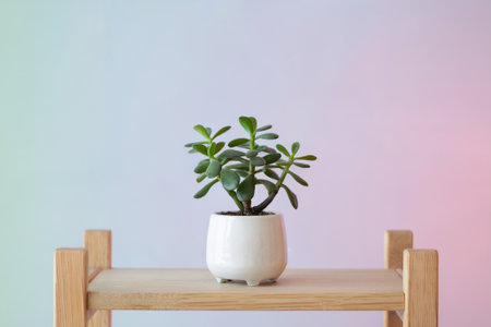 A small green succulent plant in a minimalist white pot on a wooden stand, offering a touch of greenery and tranquility to any indoor space or decor style.の素材