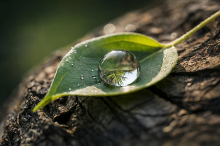 A stunning close-up photograph showcasing a water droplet resting on a leaf, reflecting the natural surroundings. Ideal for nature-themed projects.の素材