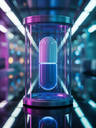 A captivating futuristic capsule is showcased in a glass display, illuminated by vibrant neon lights. This striking image captures modern technology's essence and innovation.の素材