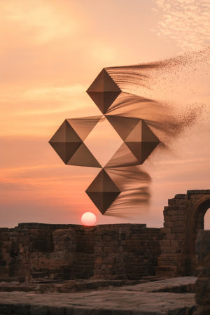 This artwork features geometric shapes floating above a serene sunset landscape, combining natural beauty with abstract elements to create a captivating visual experience.の素材