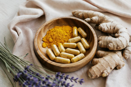 Explore the natural benefits of turmeric capsules and powder, featuring a rustic bowl and fresh ginger on soft textile. Ideal for wellness enthusiasts and healthy living.の素材
