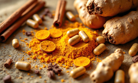 Explore the vibrant world of natural health with turmeric and ginger. This close-up image showcases their use in herbal supplements and spices, emphasizing wellness.の素材
