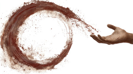 A captivating image featuring a hand gracefully releasing swirling red dust, forming a dynamic circular shape. This shot embodies motion, creativity, and artistic expression.の素材
