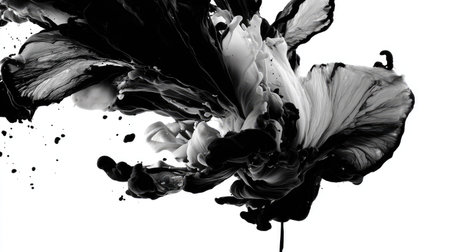 Discover a striking black and white abstract ink splash on a pristine white background, showcasing fluid motion and elegant shapes for artistic inspiration.の素材