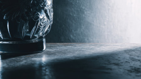 A stunning crystal glass object captures light and shadow on a textured table surface, showcasing intricate patterns and an elegant design in minimalistic style.の素材