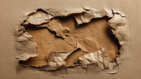 A close-up view of torn cardboard showcasing ripped edges and a brown surface. Perfect for backgrounds, textures, or artistic designs.の素材