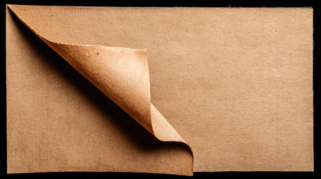 This image features a close-up of brown paper with a curling edge against a black background, showcasing a rich texture and inviting simplicity for design projects.の素材