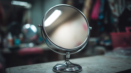 A beautiful round mirror stands elegantly on a vanity table, showcasing its polished surface and reflecting bright lights, ideal for beauty and grooming settings.の素材