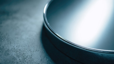 A close-up view of a circular mirror rests on a textured surface, showcasing its sleek design and reflection. The interplay of light adds depth and elegance.の素材