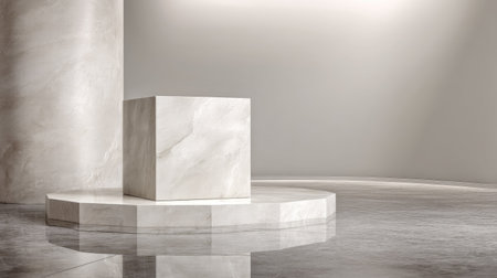 Stylish marble podium set in a bright, minimalist interior. Perfect for showcasing products or art. The elegant design enhances any modern space while providing artistic appeal.の素材