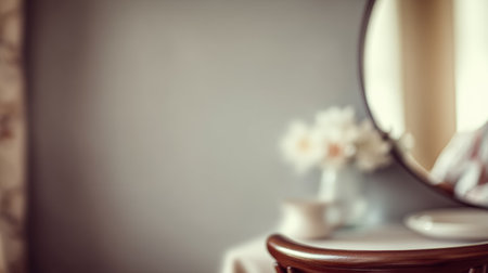 A beautifully styled wooden table featuring an elegant vintage mirror with soft floral decor. This image captures a tranquil and inviting atmosphere perfect for home and interior design.の素材