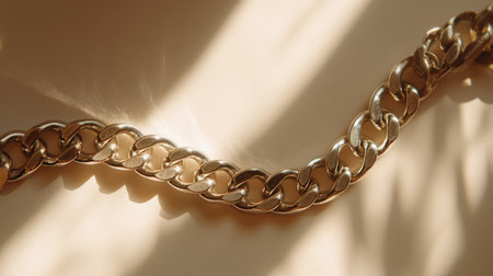 This image showcases an elegant gold chain jewelry piece resting on a soft surface. The play of light and shadow adds depth, enhancing the luxurious feel.の素材