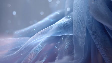 A delicate blue tulle fabric flows gracefully, adorned with a subtle shimmer of glitter. The soft textures create an ethereal background, perfect for artistic projects.の素材