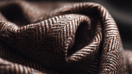 This close-up image showcases a textured brown fabric featuring a herringbone pattern, highlighting its intricate weave and luxurious feel. Ideal for fashion and interior design projects.の素材