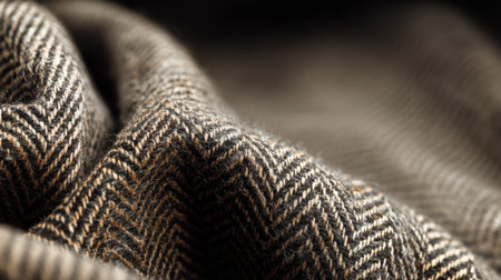 This close-up image showcases a soft brown fabric with a classic herringbone pattern, highlighting its textured details and luxurious appearance. Perfect for fashion and design projects.の素材