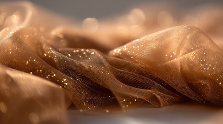 Close-up view of shimmering brown tulle fabric adorned with subtle glitter sparkles. The soft texture creates a sense of elegance and warmth, perfect for a variety of design projects.の素材