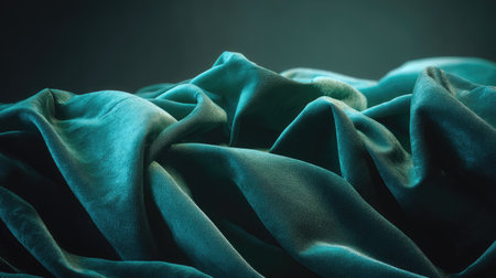 Immerse yourself in the rich texture of luxurious velvet fabric in a captivating turquoise hue. The elegant waves and soft folds create a mesmerizing visual appeal.の素材