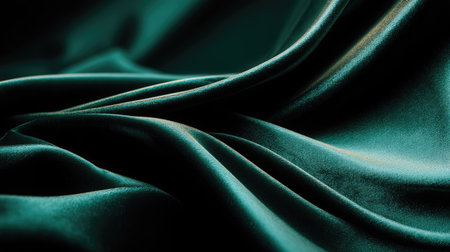 This image features an elegant green satin fabric, showcasing soft drapery and smooth textures. Ideal for fashion or interior design projects needing a touch of luxury.の素材