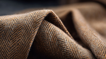 A close-up view of rich brown herringbone fabric showcasing intricate weaving and texture, ideal for design, fashion, and textile applications.の素材