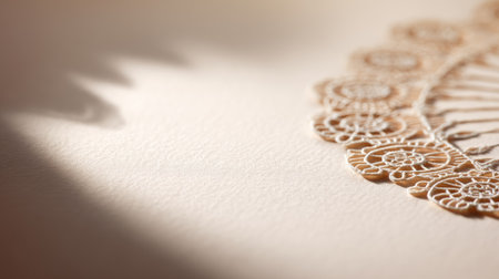 A close-up view of delicate lace edging casting soft shadows on a textured beige surface, creating an elegant and romantic aesthetic perfect for artistic projects.の素材