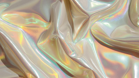 This image showcases an iridescent satin fabric with a smooth texture, featuring gentle waves and a captivating play of light, ideal for design and fashion projects.の素材