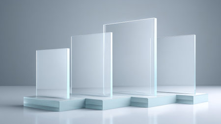 A collection of transparent glass awards arranged on a minimalist surface, ideal for representing achievement, recognition, and success in corporate events.の素材